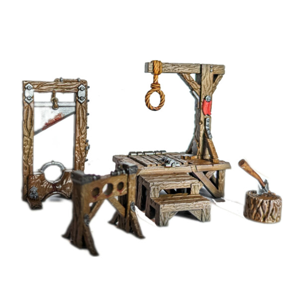 Gallows stocks and Guillotine tabletop terrain from Mystic Pigeon Gaming