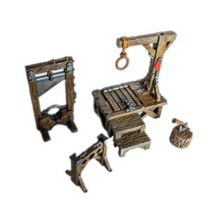Gallows stocks and Guillotine tabletop terrain from Mystic Pigeon Gaming